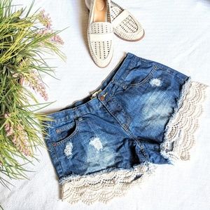 Daisy Chain Lace Trim Denim Shorts